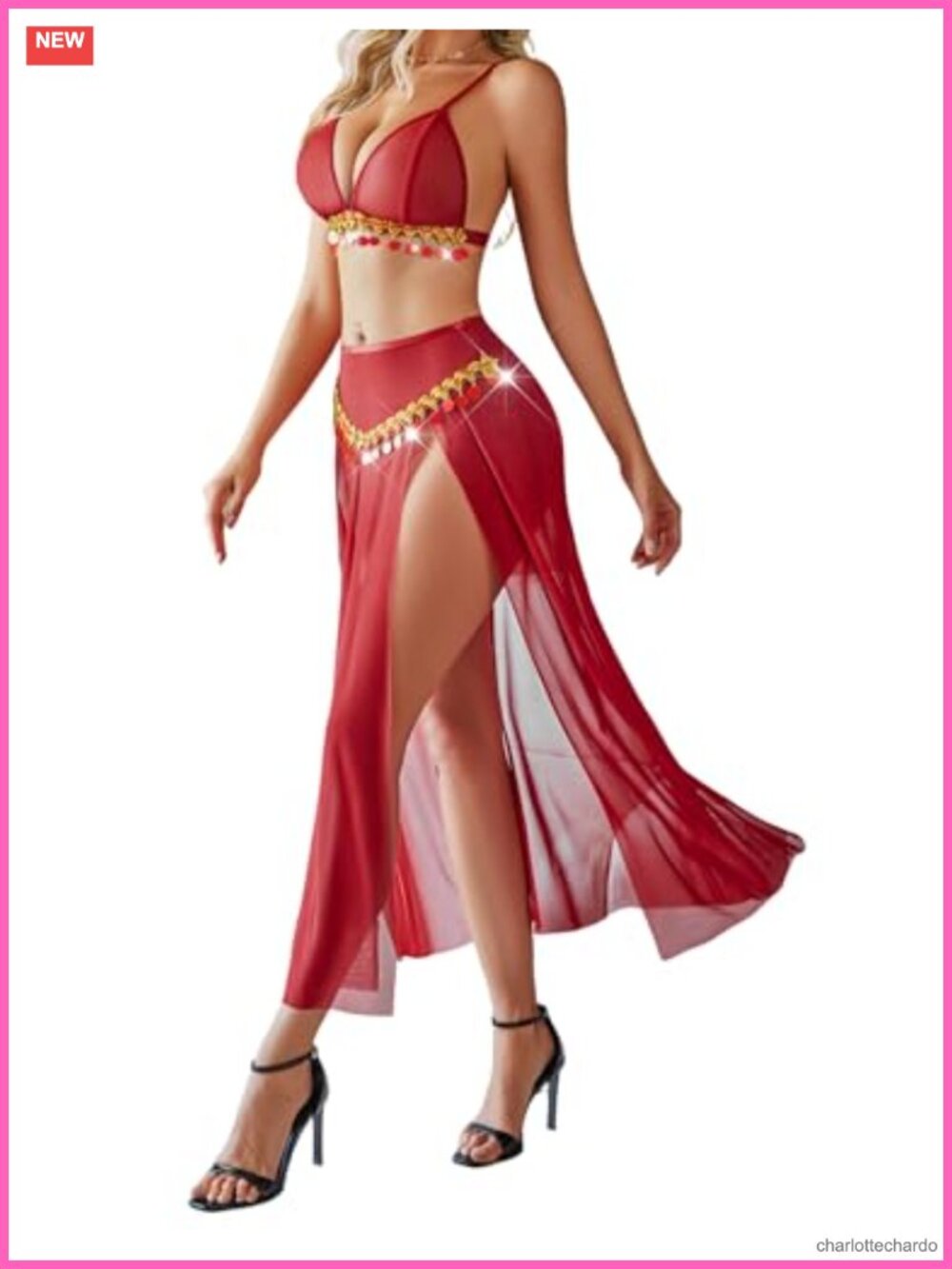 Avidlove 3 Piece Mesh Lingerie Set High Split Maxi Skirt Sequin Fringe